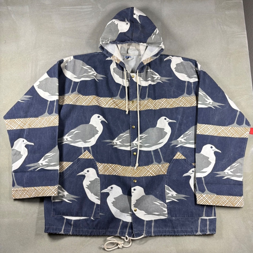 Vintage 80s Michigan Rag Co Seagull Print Hooded Canvas Jacket Navy L XL